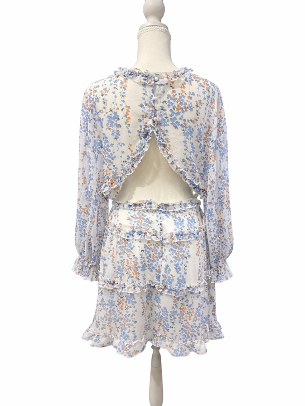 Floral Ruffle Mini Dress Cottagecore Sheer Long Sleeve Boho Size L - Picture 2 of 4
